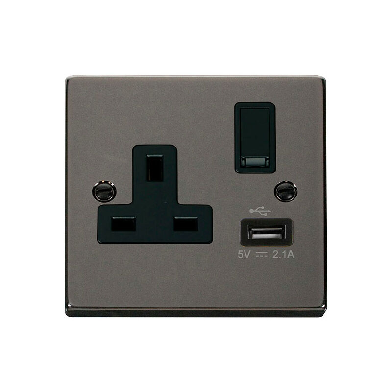 Se Home - Black Nickel 1 Gang 13A dp 1 usb Switched Plug Socket - Black Trim