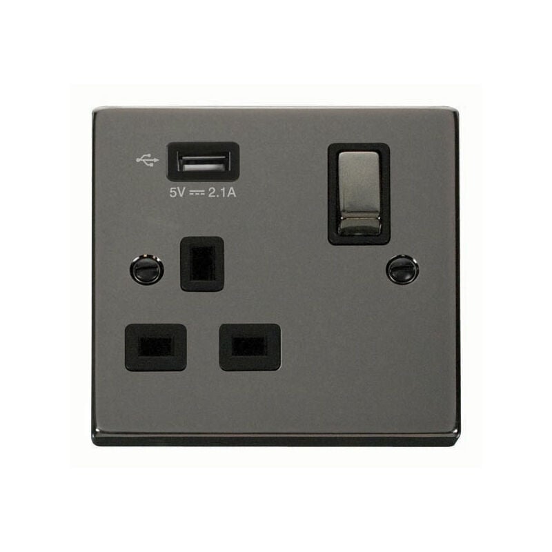 Se Home - Black Nickel 1 Gang 13A dp Ingot 1 usb Switched Plug Socket - Black Trim