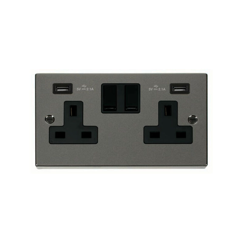 Se Home - Black Nickel 2 Gang 13A 2 usb Twin Double Switched Plug Socket - Black Trim