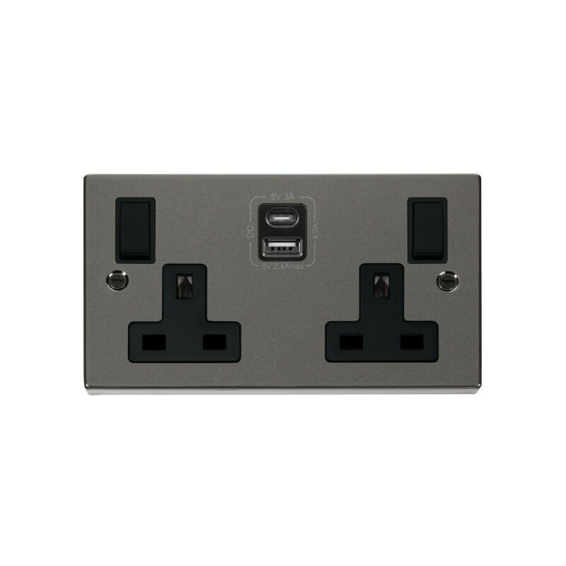 Se Home - Black Nickel 2 Gang 13A Type a & c usb Twin Double Switched Plug Socket - Black Trim