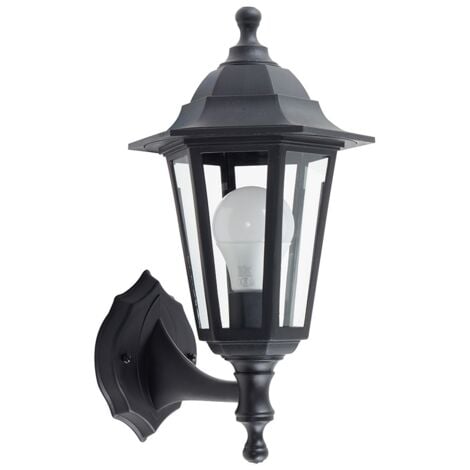 Black Outdoor Security Ip44 Wall Light Lantern + 1 x 6W LED Es E27 Bulb