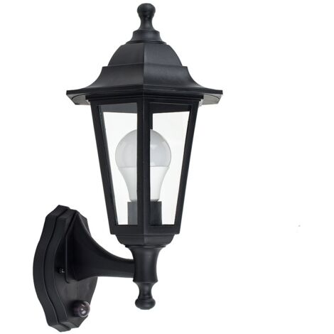Black Outdoor Security Pir Motion Sensor Ip44 Wall Light + 10W LED Gls Bulb - Warm White