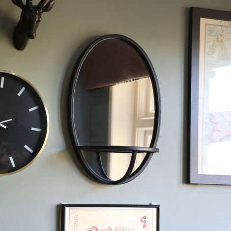 Black Oval Wall Mirror with Shelf - Black