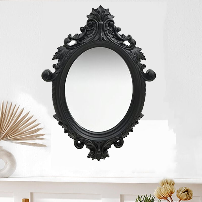 Black Oval Wooden Frame Vintage Wall Mirror Baroque Style 56x76 cm, Wall Decorative Antique Mirror Aesthetic for Vanity Bedroom Living Room Kitchen