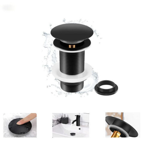 Black Pop-Up Basin Drain without Overflow, Universal Black Pop-Up Basin Drain, Drain Plug without Overflow, Automatic Pop-Up Drain for Countertop Basins, Bluede