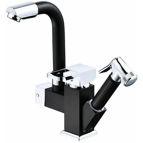 Black Pull-Down Copper Square Dual-Use Kitchen Faucet Hot and Cold 360 Degree Rotating Mixer Tap with Black Pull-Out Sprayer