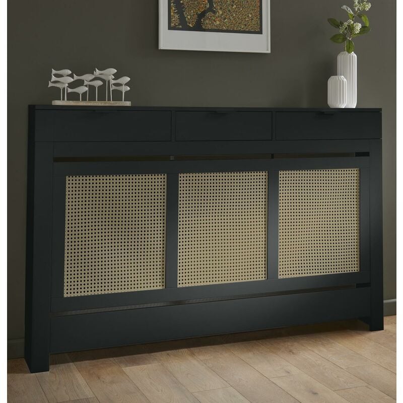 Black Rattan Radiator Cover Cabinet Modern Drawer Storage Furniture 1500 x 960mm Large