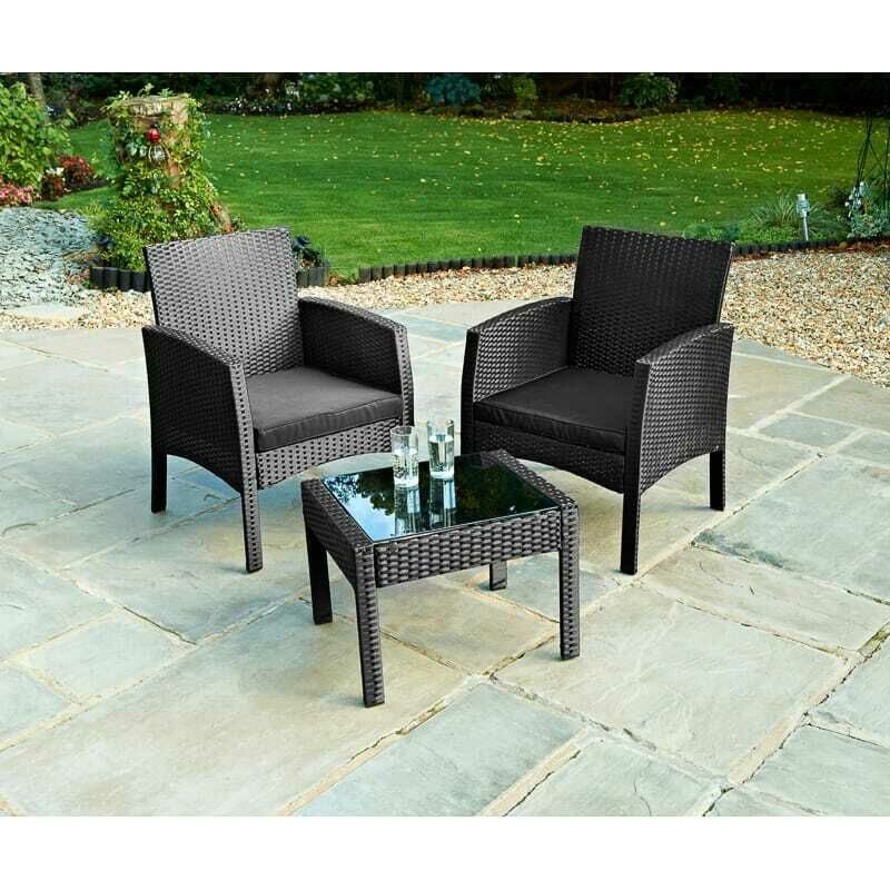 Black Rattan Armchair Bistro Set 2 Chairs & Table Garden Furniture Outdoor Set - Black