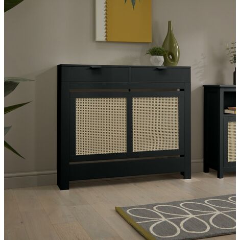 Black Rattan Radiator Cover Cabinet Modern Drawer Storage Furniture 1115 x 960mm Medium