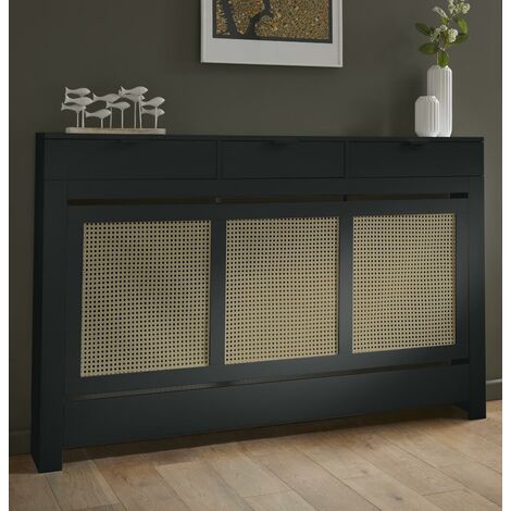 VALE DESIGNS Black Rattan Radiator Cover Cabinet Modern Drawer Storage Furniture 1500 x 960mm Large