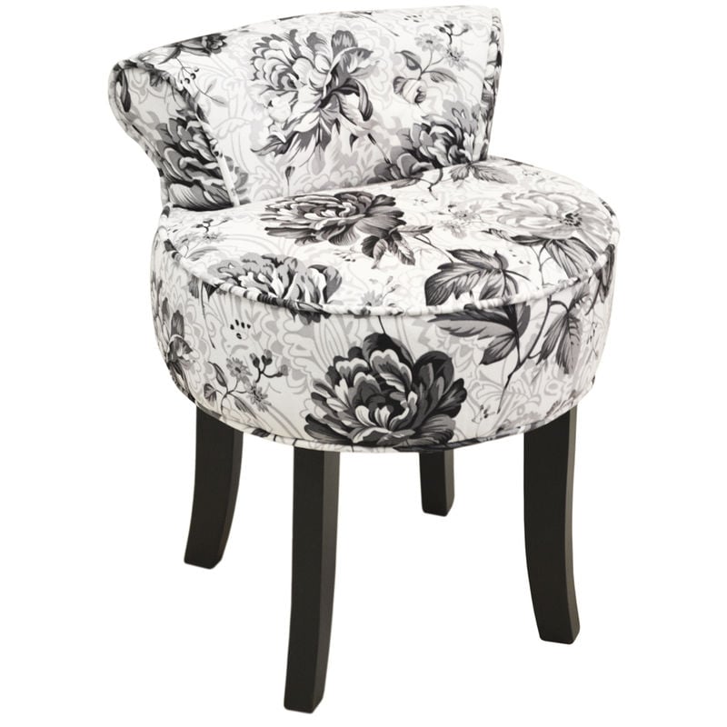 BLACK ROSE - Stool / Low Back Padded Dressing Chair with Wood Legs - Black / White