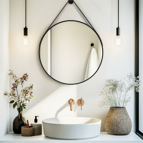 Black Round Wall Mirror Bathroom Bedroom Makeup Dressing Leather Strap Hanging Mirror - 60cm