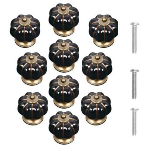 (Black) Set of 10 Vintage Ceramic Pumpkin Door Knobs, Simple Cabinet Drawer Pulls