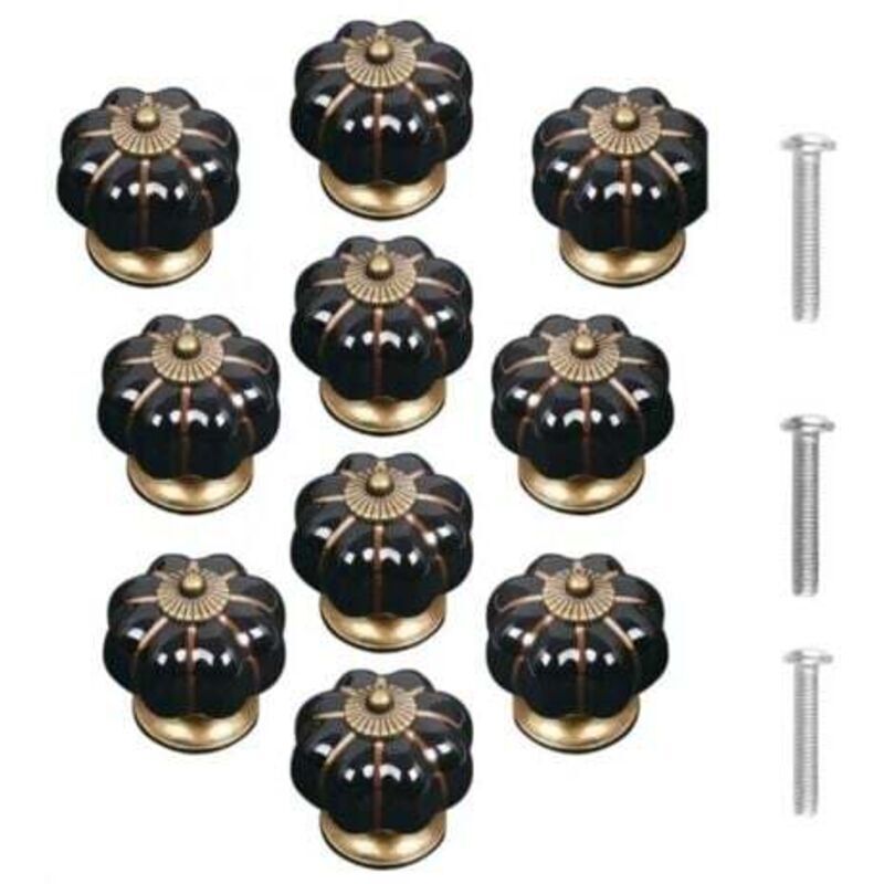 (Black) Set of 10 vintage ceramic pumpkin-shaped door handles, simple cabinet drawer pulls