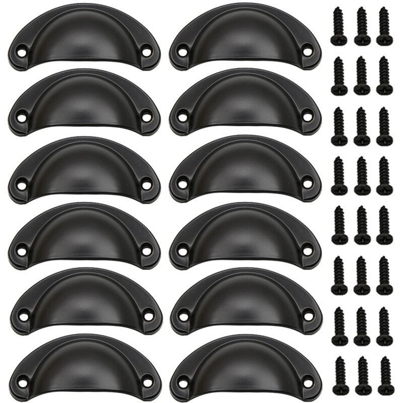 (Black) Set of 12 vintage seashell handles, vintage iron door handles with screws for furniture, dressers and kitchen cabinets