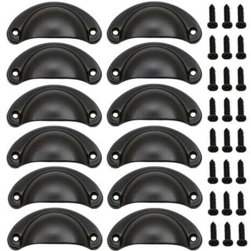 (Black) Set of 12 vintage seashell handles, vintage iron door handles with screws for furniture, dressers and kitchen cabinets