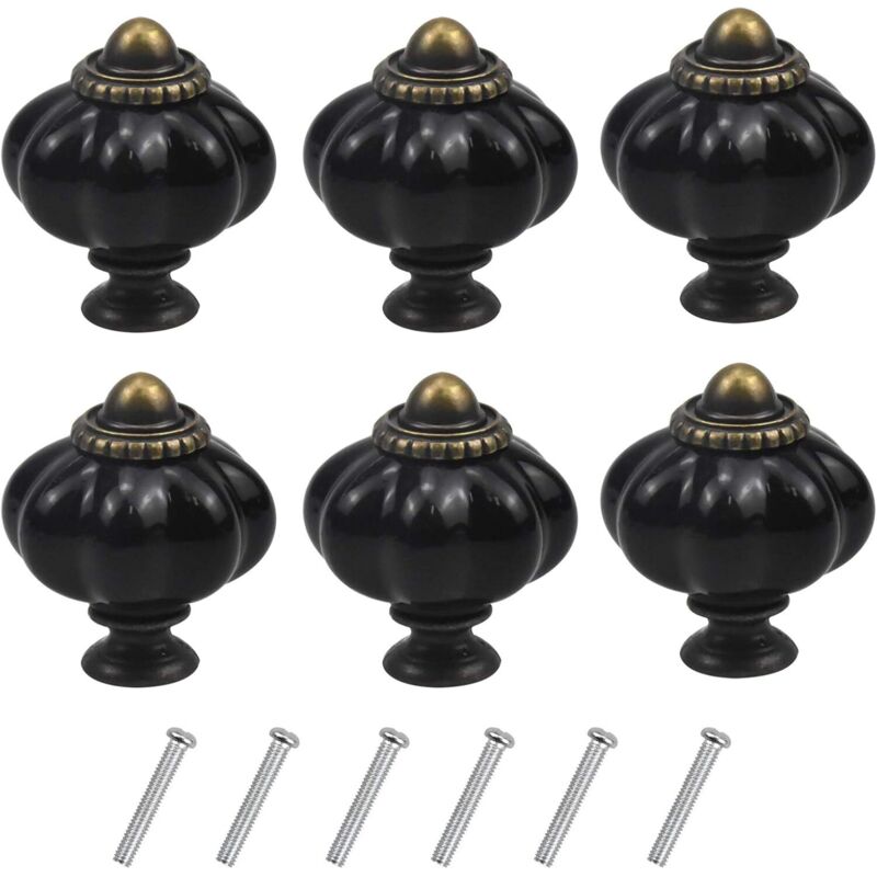 (Black) Set of 6 vintage pumpkin-shaped furniture handles, drawer knobs with screws for kitchen cabinets, dressers and wardrobes