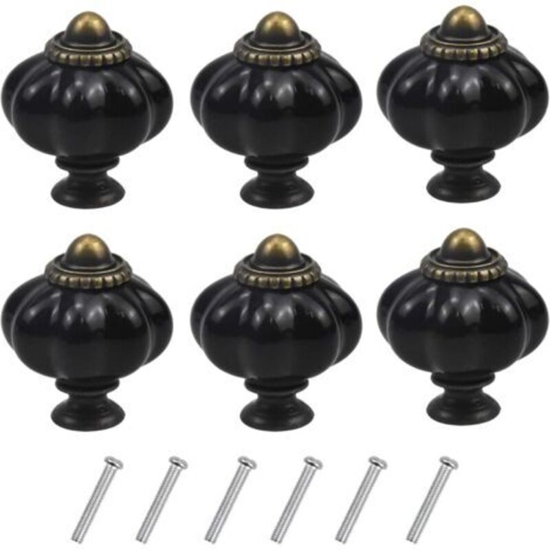(Black) Set of 6 Vintage Pumpkin-Shaped Furniture Handles, Drawer Knobs with Screws for Kitchen Cabinets, Dressers, and Wardrobes