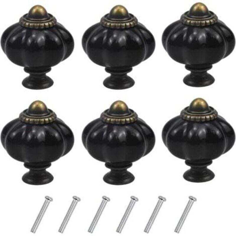 (Black) Set of 6 vintage pumpkin-shaped furniture handles, drawer knobs with screws for kitchen cabinets, dressers and wardrobes