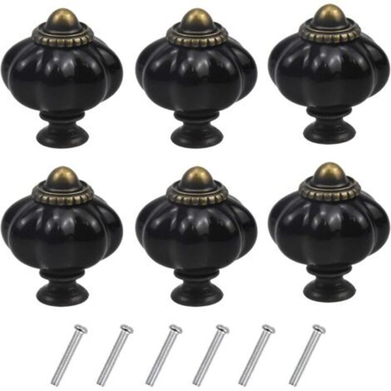 (Black) Set of 6 vintage pumpkin-shaped furniture handles, drawer knobs with screws for kitchen cabinets, dressers and wardrobes