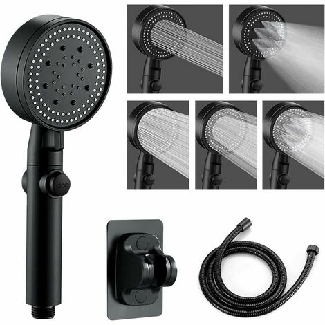 Black Shower Head, 1.5m Shower Hose, 5 Spray Modes, Bathroom Hand Shower
