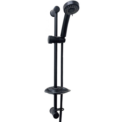 FNX BATHROOMS Black Shower Slider Rail Kit Adjustable with Multi Function Handset & Soap Dish