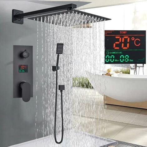 ZAMERY Black Shower System Concealed Shower Set for Bathroom 2-Function with LCD Temperature Screen Wall Mounted 10-Inch Shower Head with Handheld Including Rough-in Valve Body and Trim Kit Square