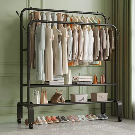 Black Simple Floor Standing Double Pole Wheeled Clothes Rack 150cm W x 52cm D x 162cm H