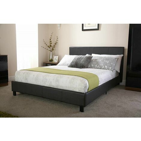 Black Single Bed Faux Leather 3ft Low Frame Stitched Headboard Sprung Slatted