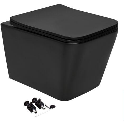 GRAVAHAUS Black Square Wall Hung Rimless Toilet WC Pan with Soft Close Slim Seat Hidden Fixation