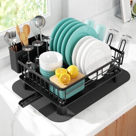 Black Stainless Steel Dish Drainer Auto Drain Large Capacity with Utensil Holder Kitchen Rack