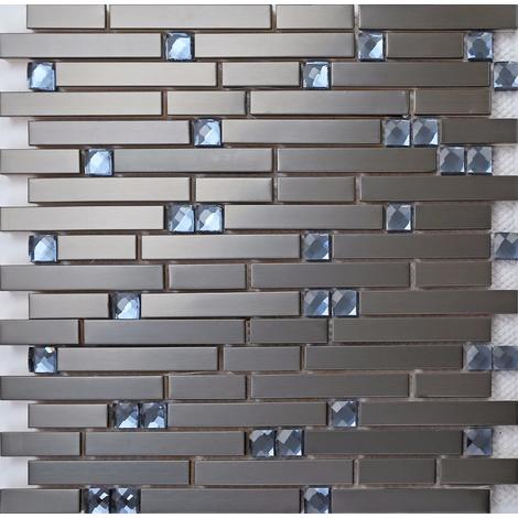 main image of "Black Steel and Blue Diamond Glass Brick Shape Mosaic Tile Sheet MT0136"