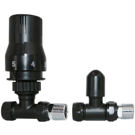 Black Thermostatic Straight Radiator Valve and Lockshield Pack 15mmx 1/2"