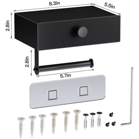 Black Toilet Roll Holder with Shelf & Drawer Storage, Self-Adhesive Wall-Mounted Toilet Wipes Dispenser