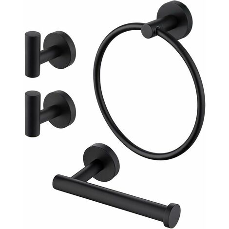 Black Towel and Toilet Roll Holder Set Bathroom Accessory Set 4 Piece Toilet Roll Holder and Towel Ring and Hook SUS304 Stainless Steel Wall Mounted