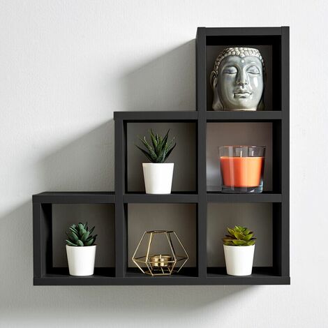main image of "Black Wall Mounted 3-2-1 Step Style Storage Cube Bookcase Wooden Display Unit"