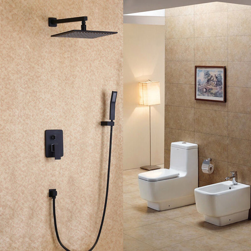 Black wall mounted rain shower and shower set with hand shower in solid brass 250mm