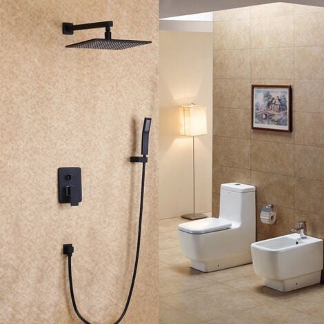 Black wall mounted rain shower and shower set with 200mm solid brass hand shower