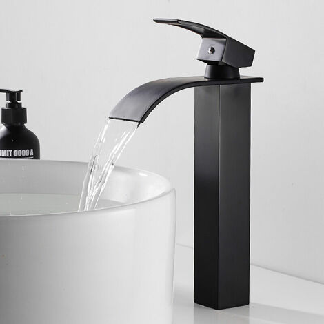 Black Waterfall Faucet with High Spout Single Handle High Basin Mixer Tap with Copper Hot and Cold Water Mixer Tap for Bathroom