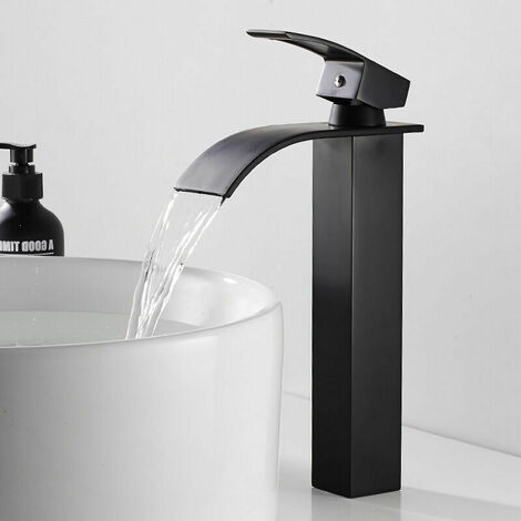 Black Waterfall Faucet with High Spout Single-hole Tall Basin Mixer Hand Basin Faucet with Single Lever Copper Hot and Cold Water Mixer for Bathroom.- Basin Mixer Tap