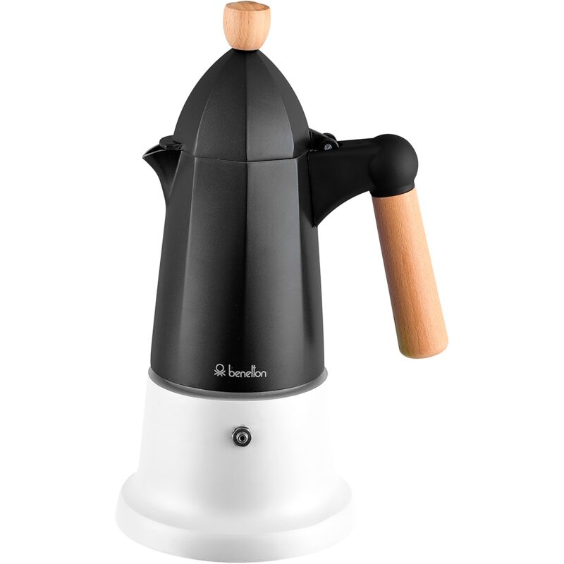 Black & White - Cafetière italienne de 6 tasses, Aluminium, Manche et Bouton en bois de hêtre, finition douce au toucher, noir et blanc