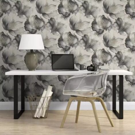 Black White Floral Wallpaper Shimmering Gold Metallic Petals Bedroom Living Room