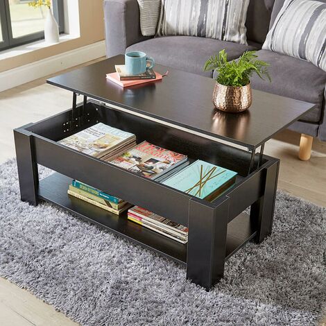 Black Wooden Coffee Table With Lift Up Top Storage Area and Magazine Shelf