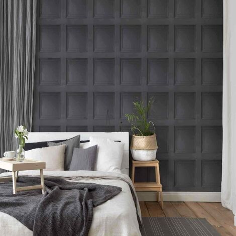 Black Wooden Panel 3D Effect Realistic Square Panelling Flat Finish Wallpaper