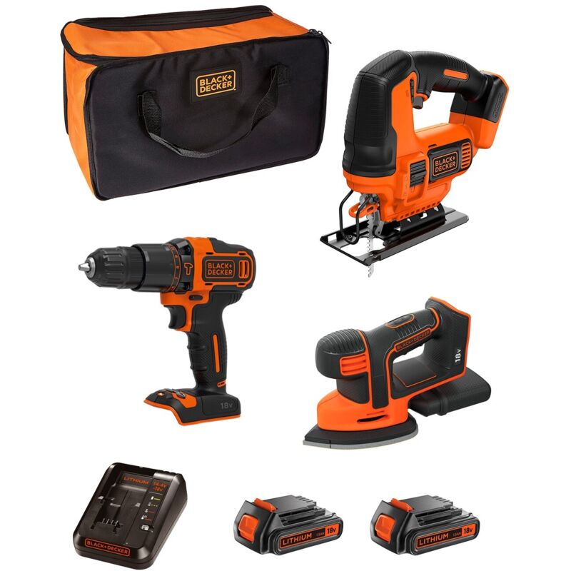 

Black & Decker BCK31S1S-QW Conjunto Herramientas 18V: Taladro Percutor 18V + Lijadora Mouse 18V + Sierra de Calar 18V