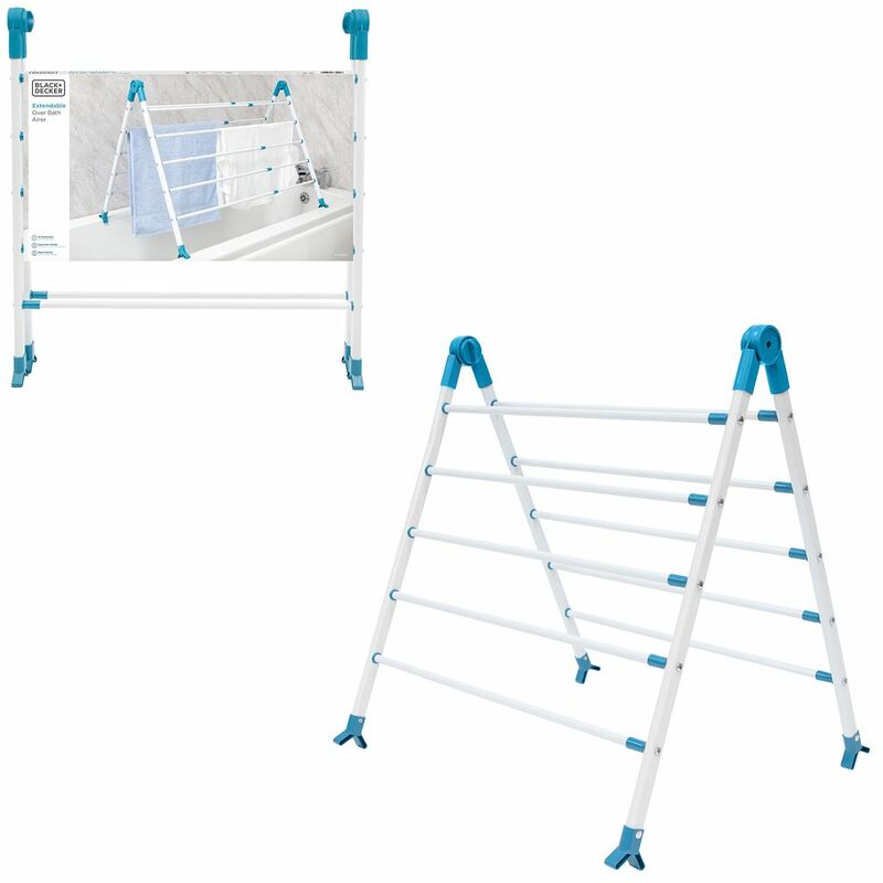 Image of Blackdecker - black+decker BXAR63229E Extendable Over Bath Airer, Aqua Colour, Adjustable Rotation, 10 Drying Bars with 5.6m Total Drying Space,