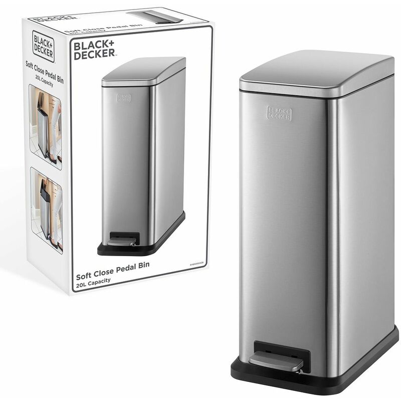 Image of Black+decker BXBN0004GB 20L Slimline Pedal Bin with Soft Close Lid, Stainless Steel, 39.5 x 25 x 63.5 cm, Cool Grey