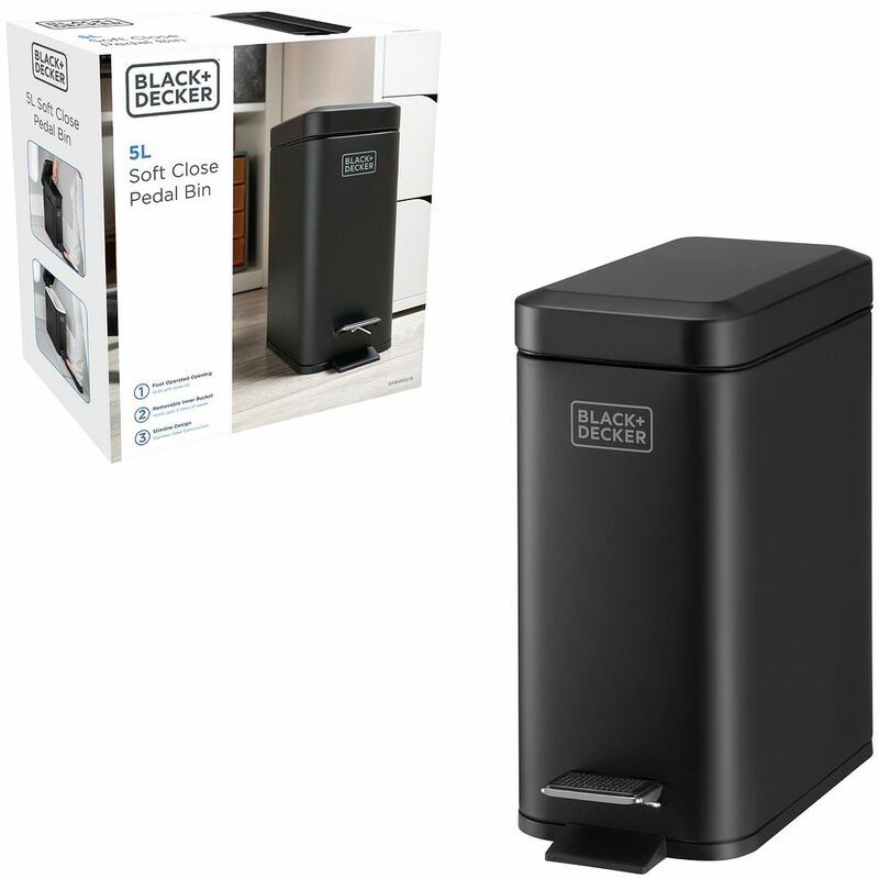 Image of Black+decker BXBN0007E 5L Pedal Bin with Soft Close Lid, Stainless Steel, 30cm x 14cm x 29cm