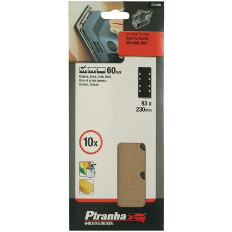 BLACK&DECKER - PIRANHA - 10 PEZZI - NASTRI ABRASIVI FORATI 93x230MM PER LEVIGATRICE ORBITALE - GRANA 60