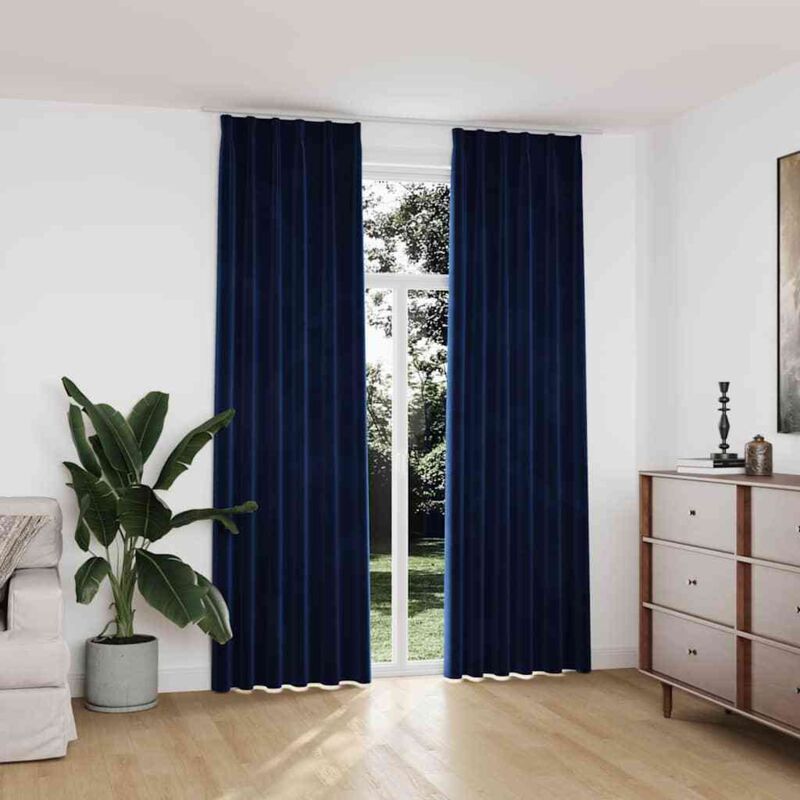 Blackout Curtains 2 Pcs With Hooks Velvet Dark Blue 140x245 Cm Vidaxl